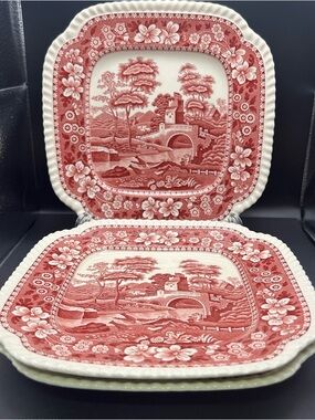 Copeland Spodes Tower Square Set Of 3 Plates 8.25 in Pink England VTG Red Salad